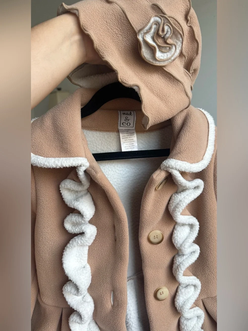Mack & CO Girls' Tan Peacoat with Cream Sherpa Trim